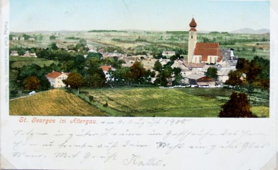 Um 1900, vom Kalvarienberg, damals gab es die Turnhalle noch in einem Stadel, unterhalb der Kirche