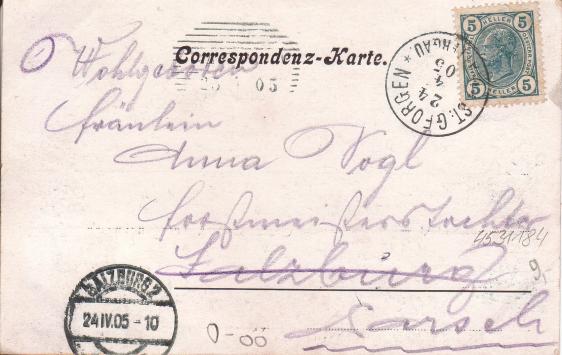 Korrespondezkarte, an Heimatdichterin Anna Vogl geschrieben, um 1905