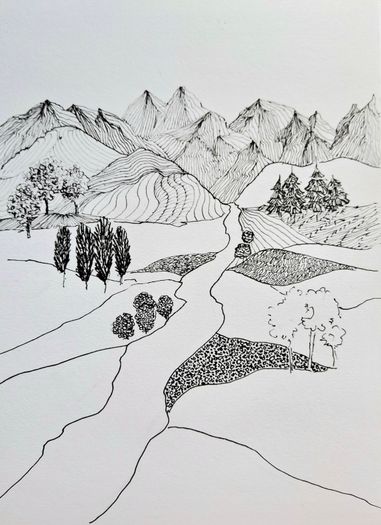 Fantasie Landschaft, ich versuchte jede Fläche mit einer Musterzeichnung zu füllen..