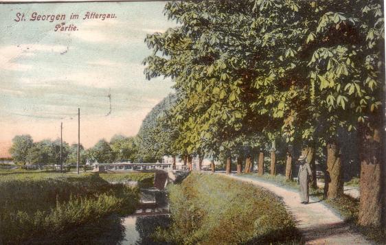 Dürre Ager-Weg mit Kastanienallee, heute Lindenbäume neben dem Bach