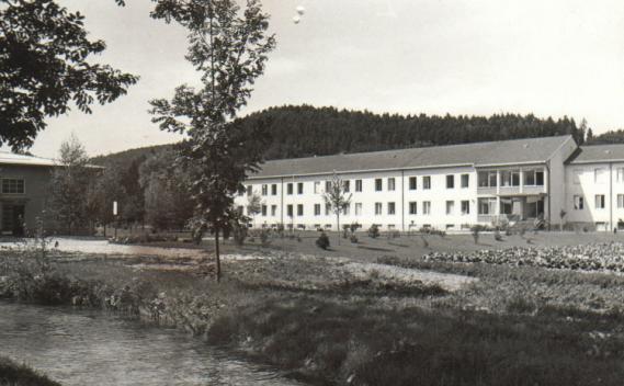 Thalham, das war das Haupthaus mit den Räumen, dazu mit Küchen und Büros, davor der Mühlbach