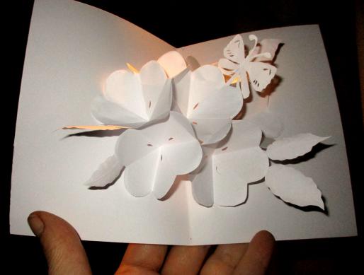 Weiße Karte mit weissen Blüten, geprägt